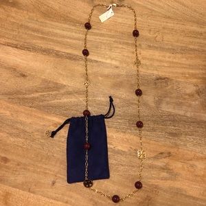 NWT Tory Burch Logo Evie Burgundy Rosary Necklace